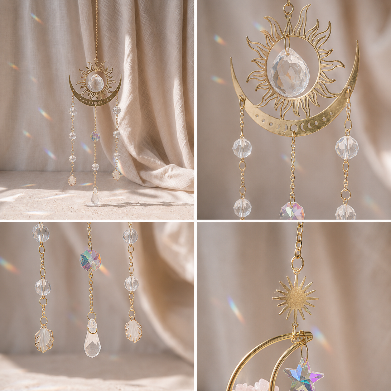 Détails des cristaux transparents et coquillages nacrés dorés de la suspension Aura