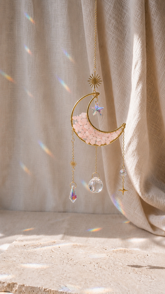 Attrape-Soleil Lune avec quartz rose, cristaux lumineux et finition dorée – Les Trésors de la Riviera
