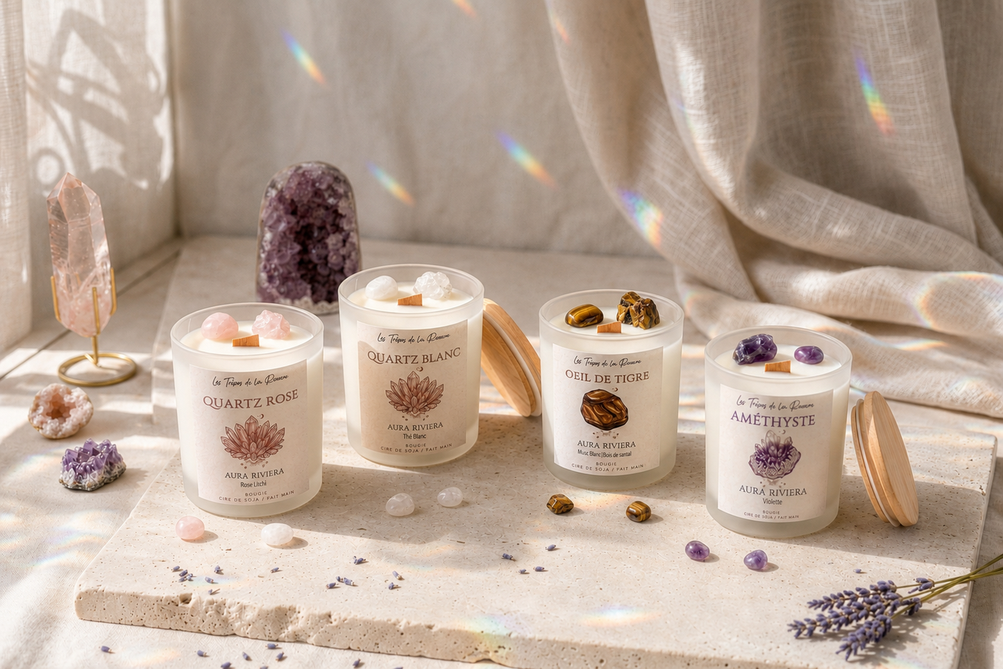 Bougie lithothérapie quartz blanc réalisée artisanalement avec cire végétale et parfum délicat