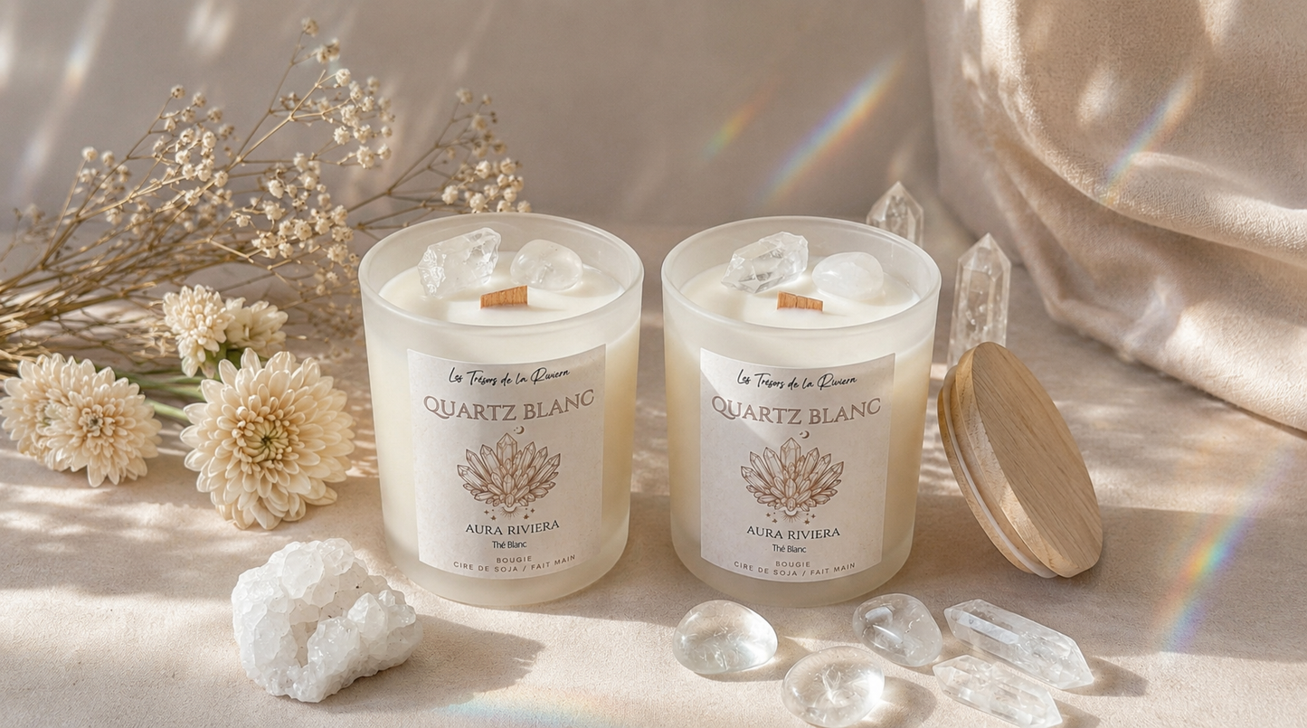 Bougie artisanale en cire végétale avec pierres de quartz blanc naturelles et parfum de Grasse – Les Trésors de la Riviera