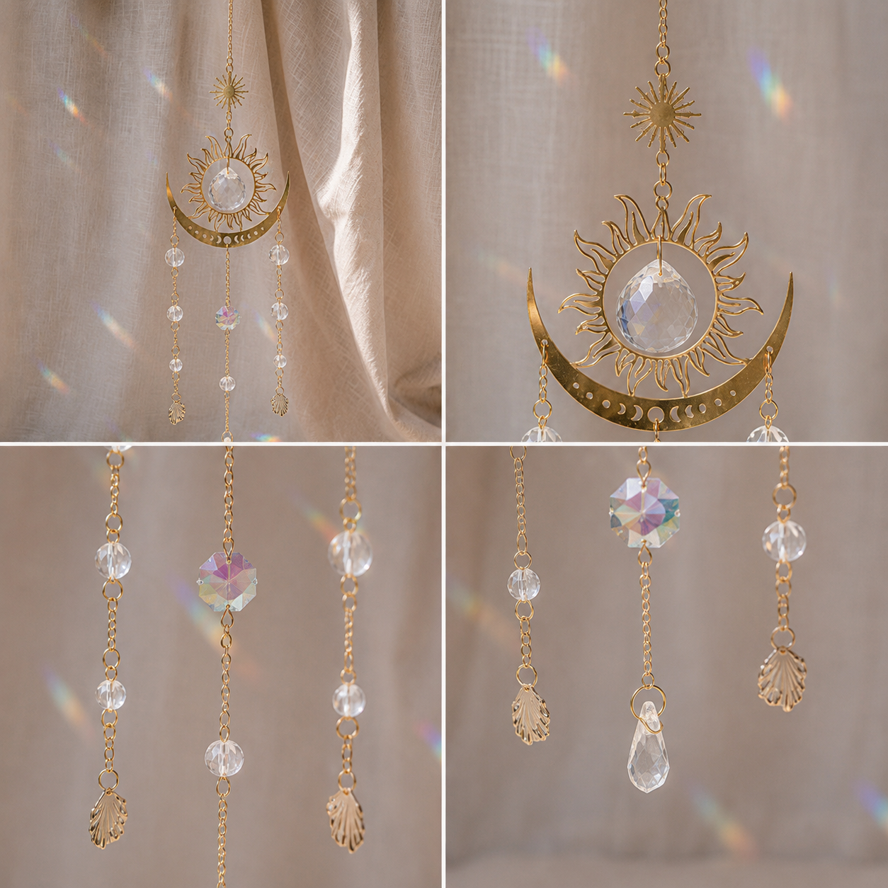 Détail du motif soleil doré de l’Attrape-Soleil Aura avec cristal facetté capteur de lumière