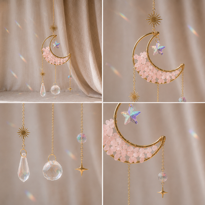 Détail de la lune dorée avec pierres de quartz rose et cristaux capteurs de lumière