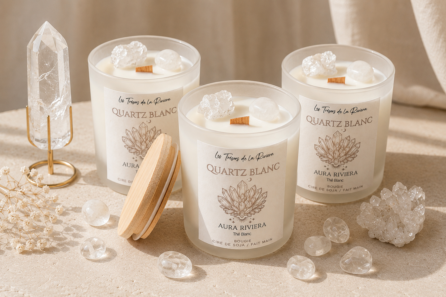  Détail des pierres naturelles de quartz blanc sur une création parfumée artisanale faite main