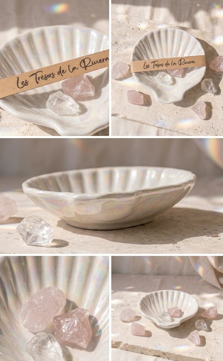 Détail des reflets nacrés du plateau coquillage en céramique inspiré de l’univers bord de mer chic