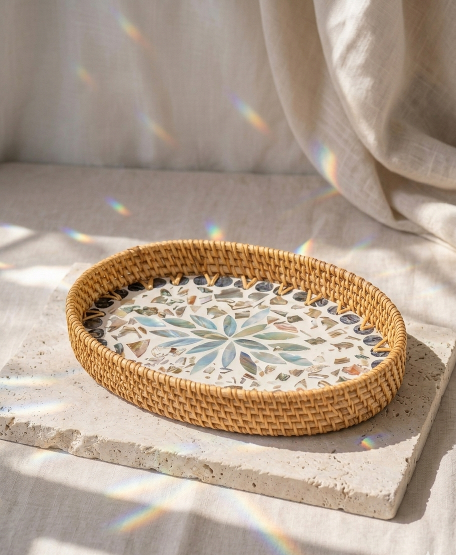 Plateau Riviera avec finition coquillage nacré, objet de décoration inspiré des maisons de la Côte d’Azur – Les Trésors de la Riviera