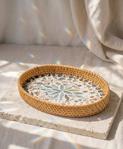 Plateau Riviera avec finition coquillage nacré, objet de décoration inspiré des maisons de la Côte d’Azur – Les Trésors de la Riviera