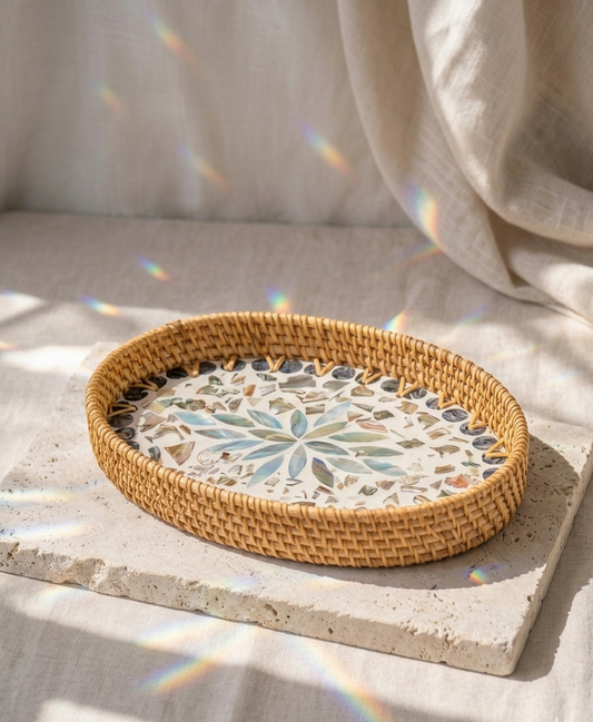 Plateau Riviera avec finition coquillage nacré, objet de décoration inspiré des maisons de la Côte d’Azur – Les Trésors de la Riviera