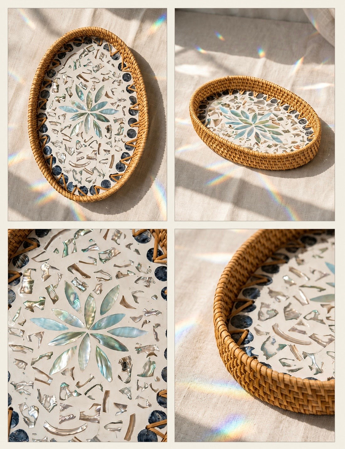 Objet de décoration esprit Côte d’Azur avec finition coquillage nacré et contour tressé