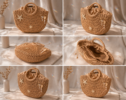 Détail de l’osier tressé naturel du grand sac Esmée personnalisé
