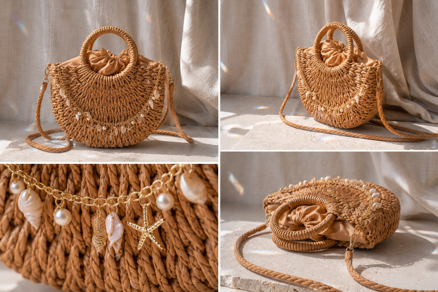 Détail de la chaîne bijou du sac Esmée avec coquillages et perles nacrées